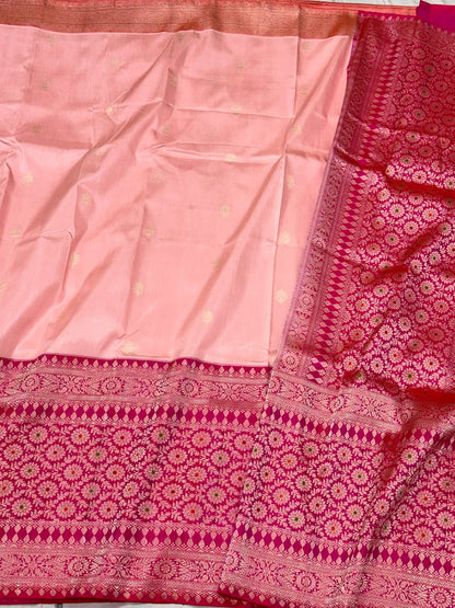 Peach/Raspberry Pink Handwoven Banarasi Saree | Kadhwa Ektara Kadhiyal | Pure Mulberry Katan Silk Authentic Modern Banarasi Saree