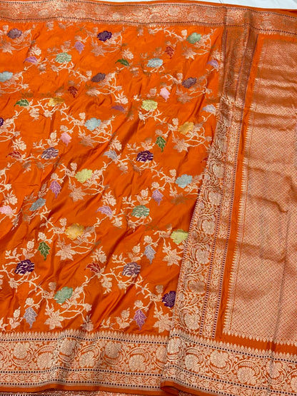 Orange Premium Banarasi Handwoven | Kadhwa Technique | Pure Double Katan Mulberry Silk Saree