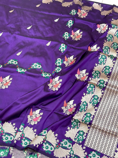 Purple Pure Mulberry Katan Silk  Handwoven Banarasi Saree