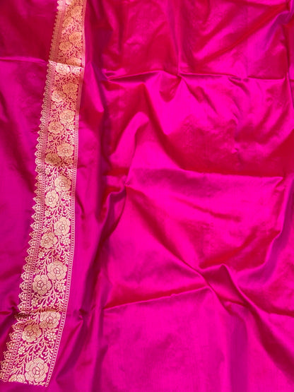 Rani Pink Pure Katan Silk Saree | Kadhwa Technique | Pure Mulberry Silk Handwoven Banarasi Silk Saree