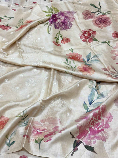 Ivory Pure Tussar Silk Handloom Printed with Embroidery Banarasi Saree - Everyday Luxury