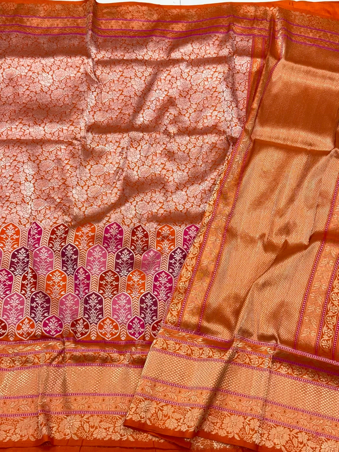 Orange Pure Mulberry Katan Silk Handwoven - Kadhwa Techique Modern Banarasi Brocade Saree