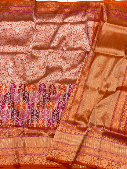 Orange Pure Mulberry Katan Silk Handwoven - Kadhwa Techique Modern Banarasi Brocade Saree