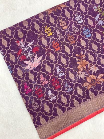 Dusty Lavender Pure Muslin Cotton Jamdani Hanloom Banrasi Saree |Ektara Weave|