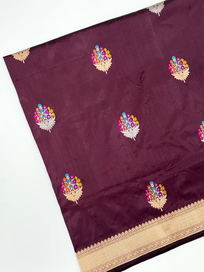 Wine Pure Katan Silk Handwoven Banarasi Saree