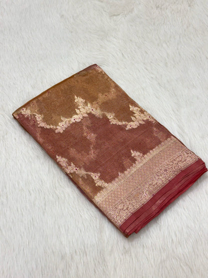 Peach Pure Mulberry Tissue Silk Handwoven Banarasi Saree  |Ektara Weave|