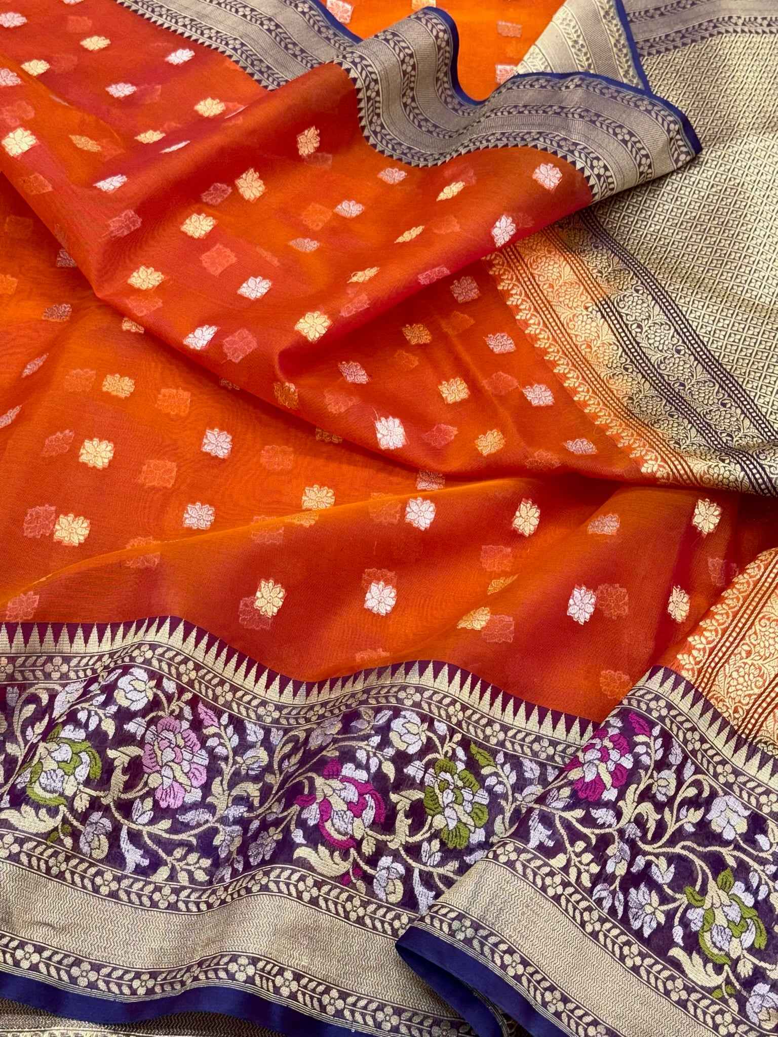 Rust Orange Pure Mulberry Kora Silk Handwoven Banarasi Saree - Skirt Border