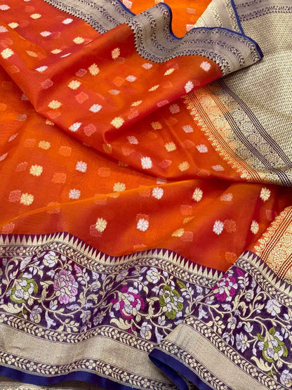 Rust Orange Pure Mulberry Kora Silk Handwoven Banarasi Saree - Skirt Border