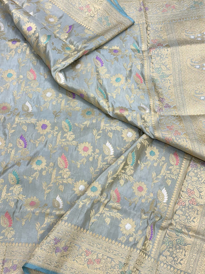 Ice Blue Pure katan Silk Handwoven Banarasi Saree