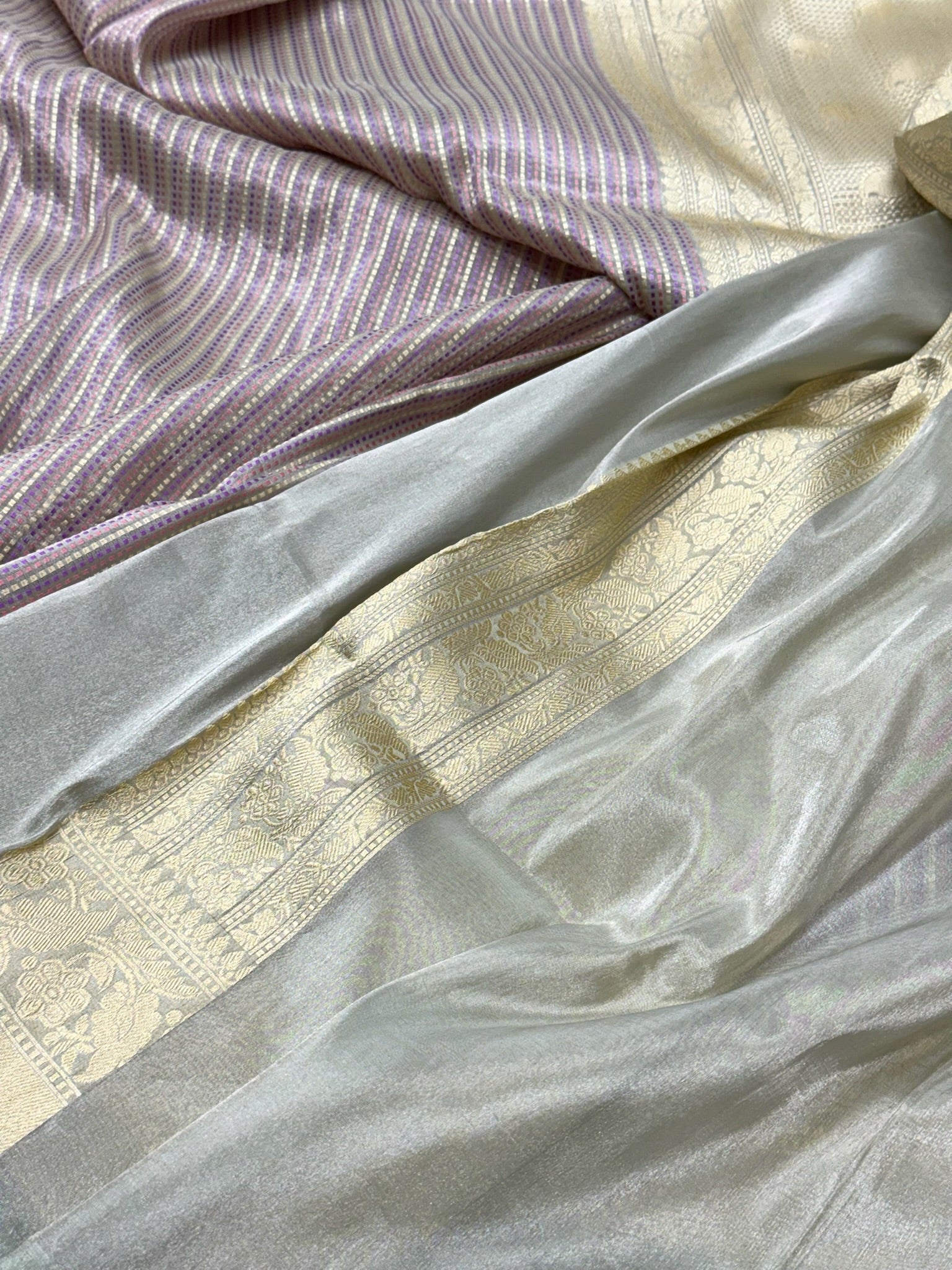 Ivory Pure Katan Tissue Handwoven Banarasi Saree