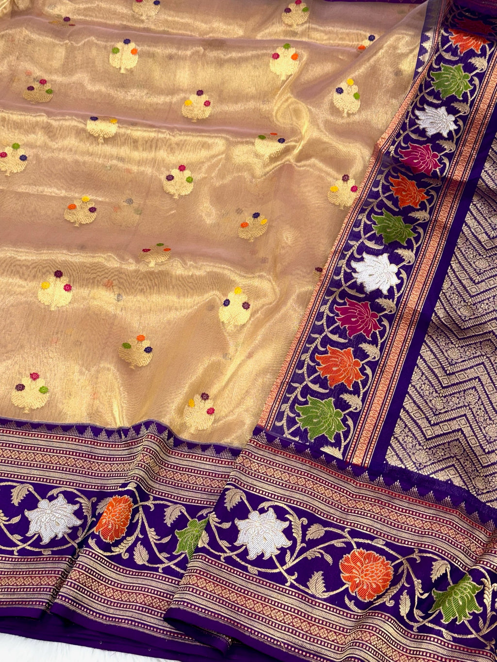 Gold Pure Kora Tissue Handwoven Banarasi Saree