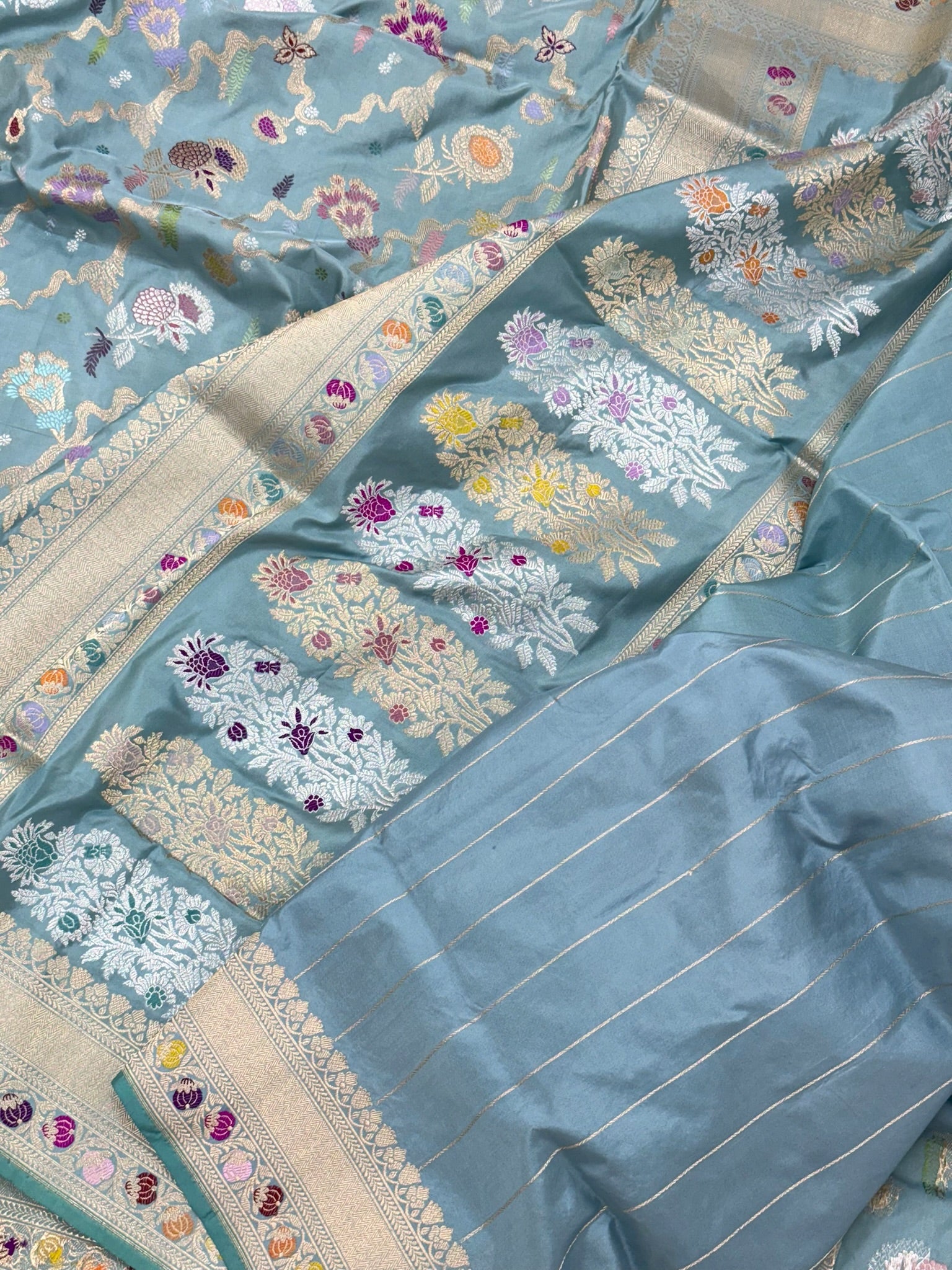 Blue Sky Double Katan Silk Vinatge Handwoven Saree