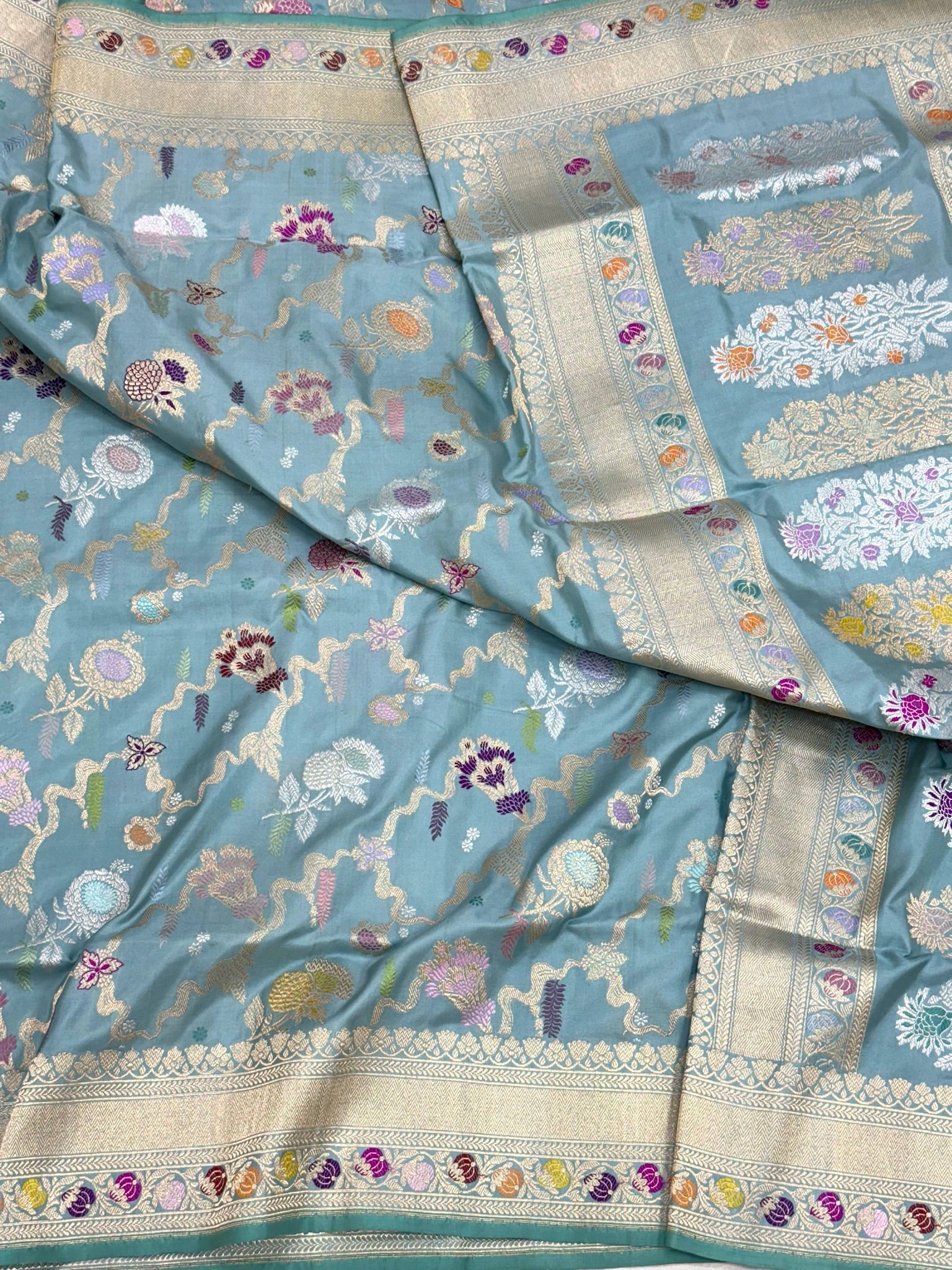 Blue Sky Double Katan Silk Vinatge Handwoven Saree