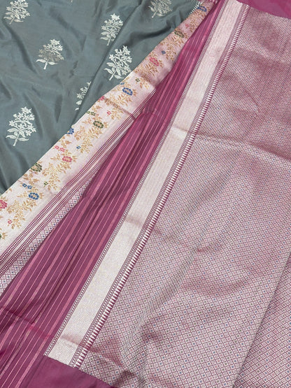 Grey/Green Pure Double Katan Silk Handwoven Banarasi Saree (Kadhuwa Weave)