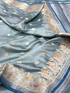 Lime Green Pure Mulberry Chiniya Silk Handloom Banarasi Saree