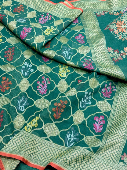 Emerald Green Pure Muslin Cotton Jamdani Ektara Weave Handloom Banarasi Saree