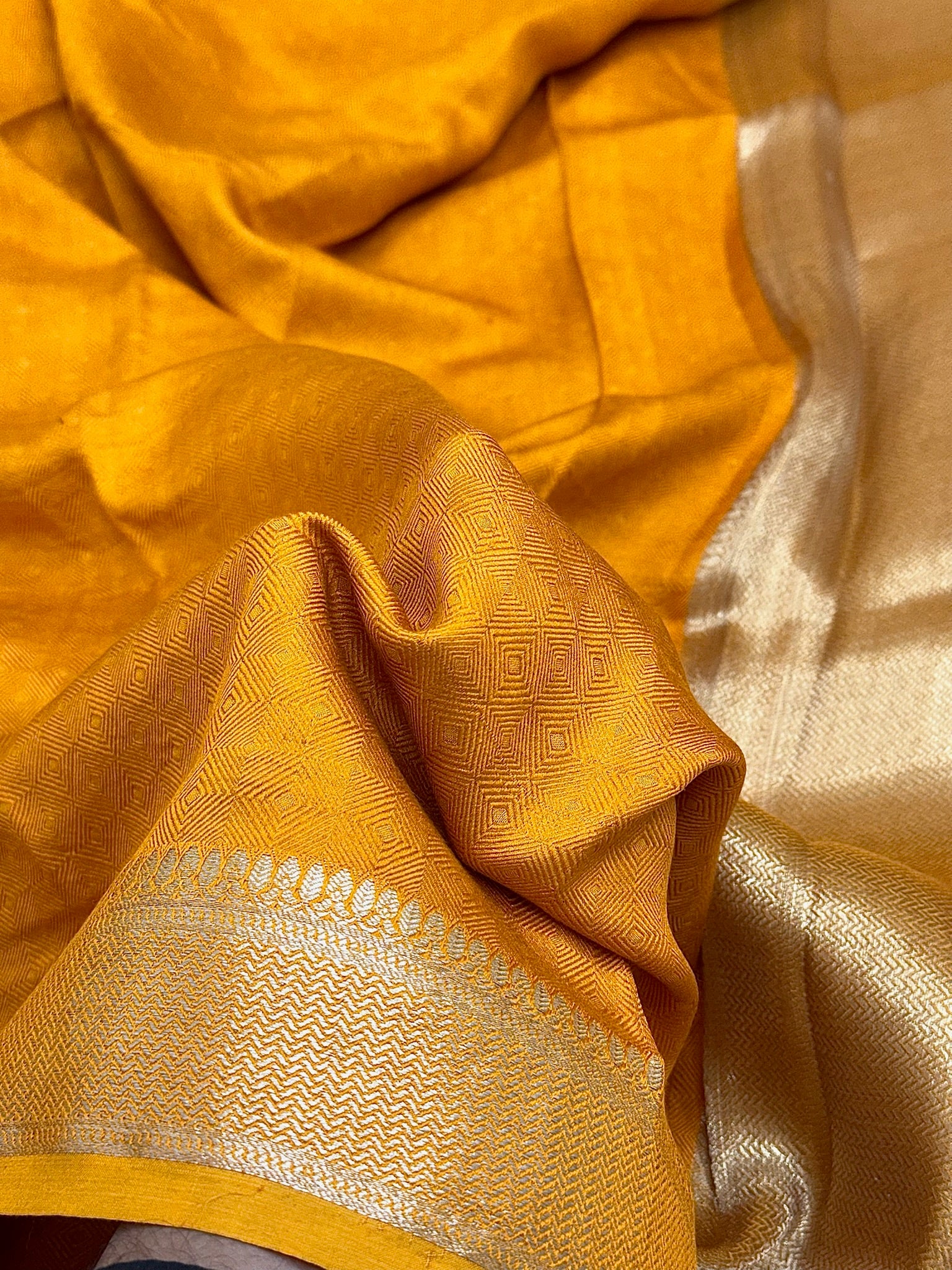 Tangerine Orange Yellow Pure Mulberry Chiniya Silk Handwoven Saree