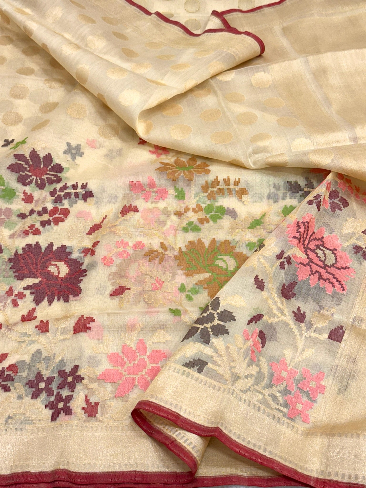 Ivory Pure Kora Organza Silk Handwoven Lightweight Saree