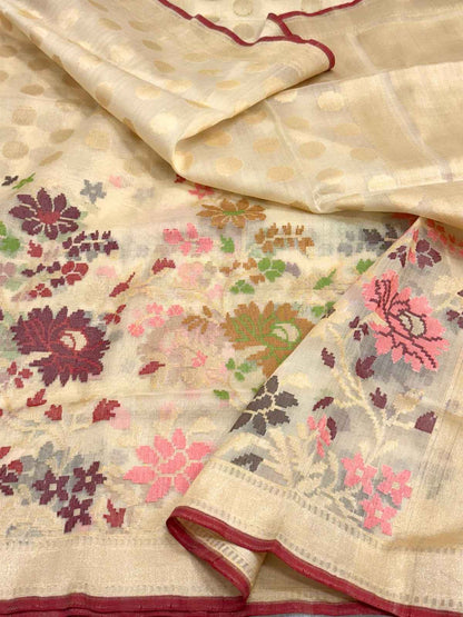 Ivory Pure Kora Organza Silk Handwoven Banarasi Saree |Lightweight|
