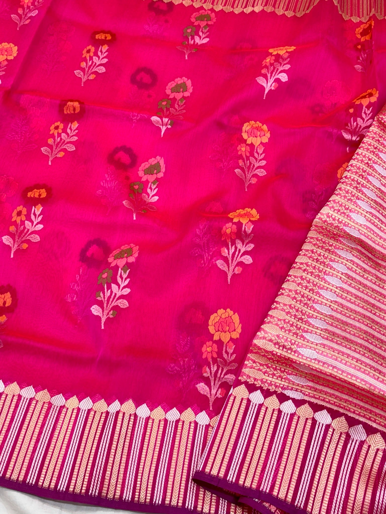 Fluorescent Pink Pure Kora Organza Silk Ektara Jamdani Handwoven Banarasi Saree