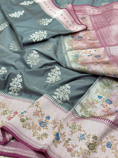 Grey/Green Pure Double Katan Silk Handwoven Banarasi Saree (Kadhuwa Weave)