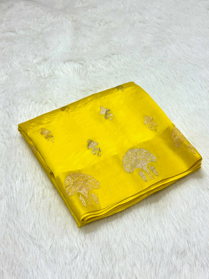 Flurescent Yellow Pure Raw Mango Silk Handwoven Banarasi Saree