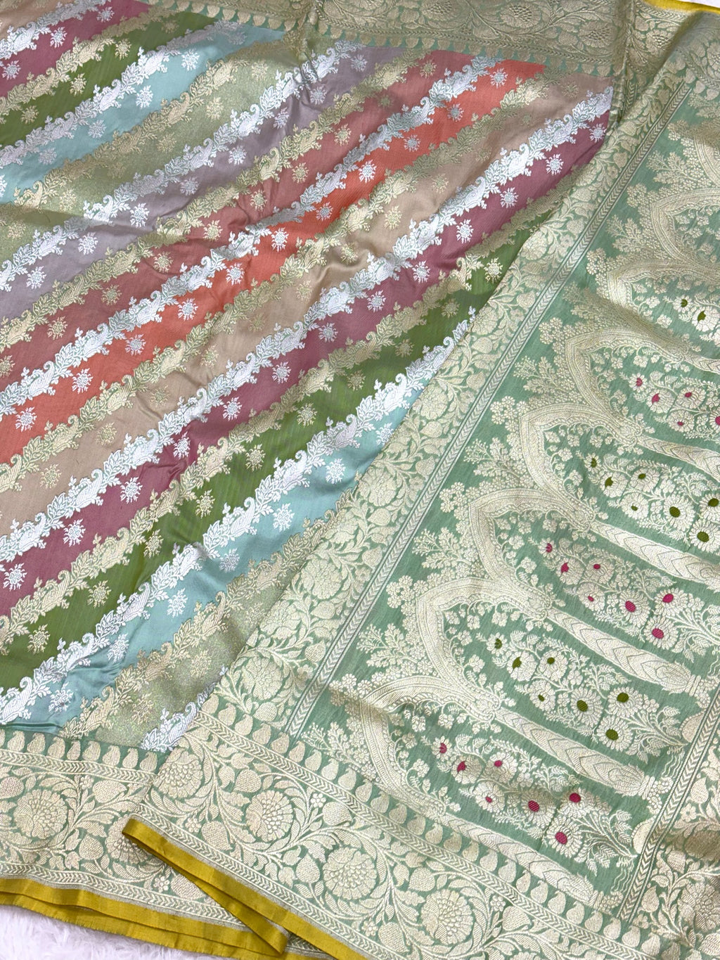 Pista Green Pure Mulberry Silk Handwoven Rangkaat Banarasi Saree