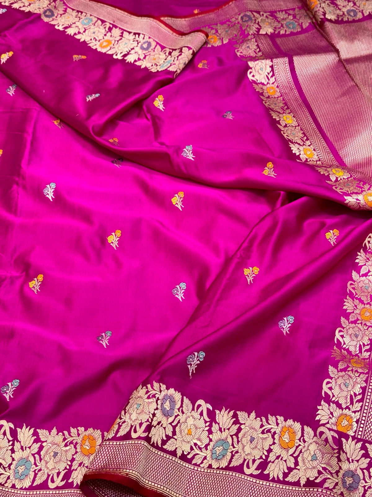 Rani Pink Pure Mashru Satin Silk Handwoven Banarasi Saree