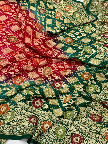 Bottle Green Pure Chiffon Georgette Handloom Banarasi Bandhej Soft Drape Lightweight Banarasi Saree