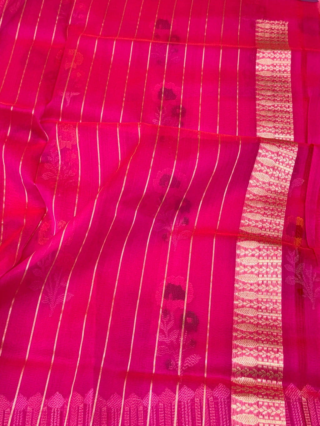 Fluorescent Pink Pure Kora Organza Silk Ektara Jamdani Handwoven Banarasi Saree
