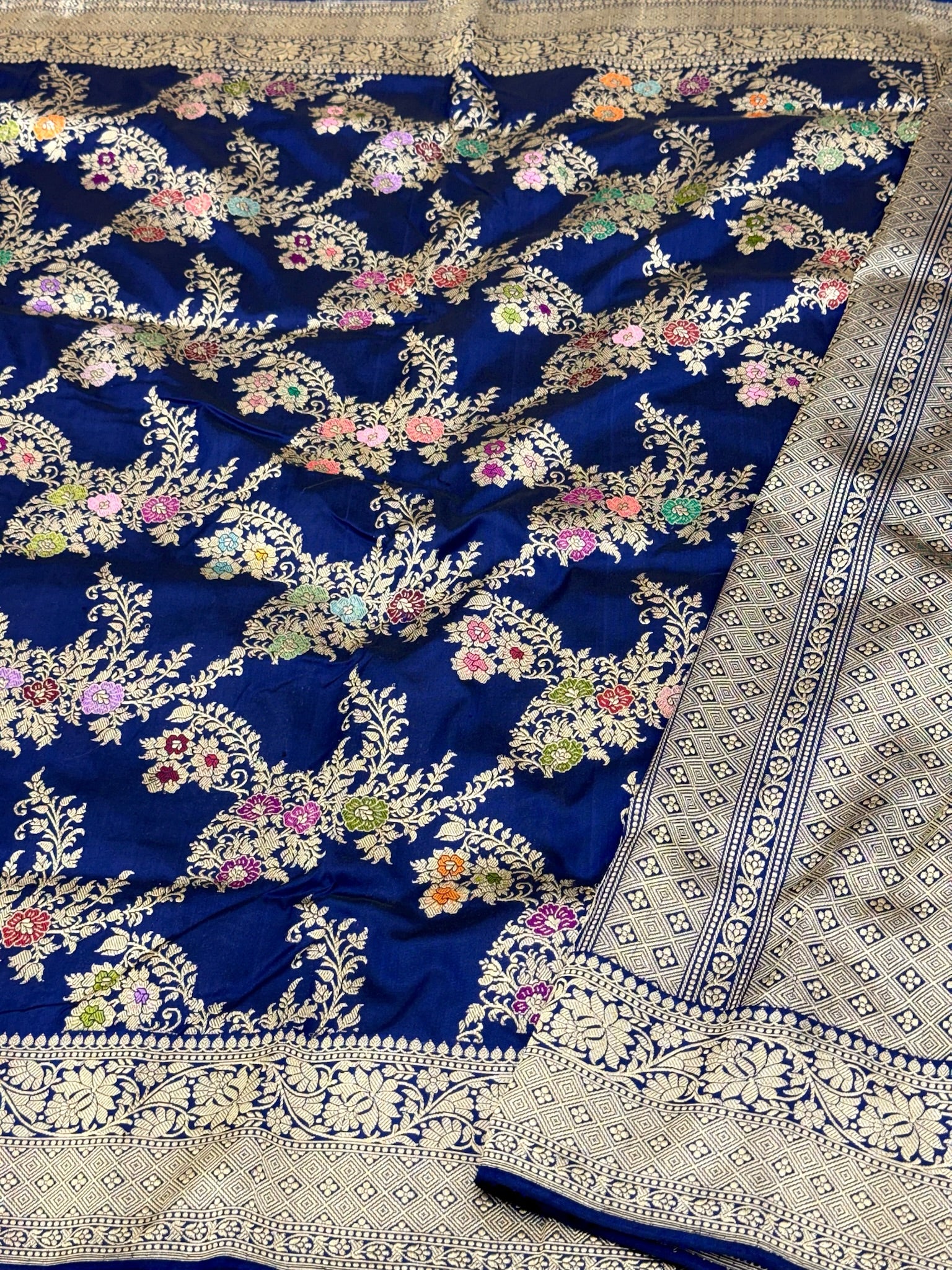 Deep Blue Katan Silk Pure Handwoven Banarasi Saree