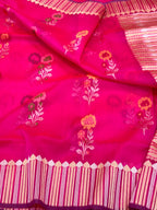 Fluorescent Pink Pure Kora Organza Silk Ektara Jamdani Handwoven Banarasi Saree