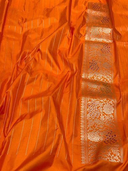 Orange Pure Mulberry Double Katan Silk Handwoven Banarasi Saree | Kadhwa Weave |