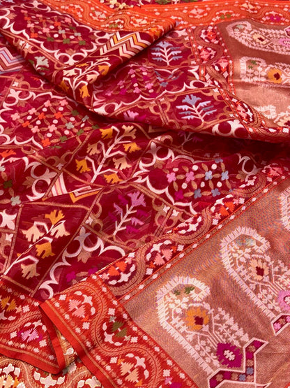 Red Pure Kora Silk Saree| Ektara Technique |Handloom Banarasi Saree