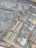Gray Ektara Weave Katan Tissue Handwoven Banarasi Silk Saree