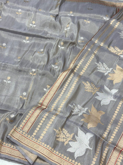Gray Pure Katan Tissue Silk Handwoven Banarasi Saree |Ektara Weave|