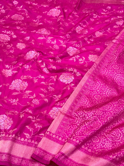 Hot Pink Pure Katan Silk Ektara Weave Handwoven Banarasi Saree |Tanchoi|