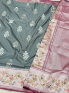 Grey/Green Pure Silk Handwoven Banarasi Saree (Kadhua Weave)