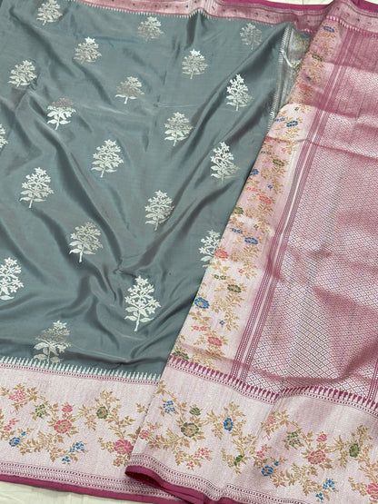 Grey/Green Pure Double Katan Silk Handwoven Banarasi Saree (Kadhuwa Weave)