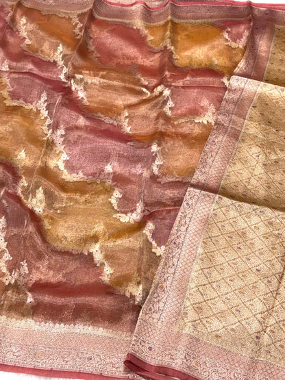 Peach Pure Mulberry Tissue Silk Handwoven Banarasi Saree  |Ektara Weave|