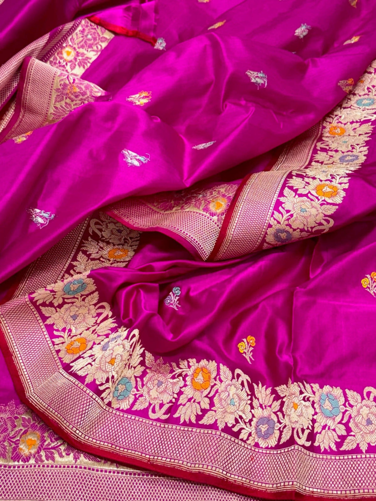 Rani Pink Pure Mashru Satin Silk Handwoven Banarasi Saree
