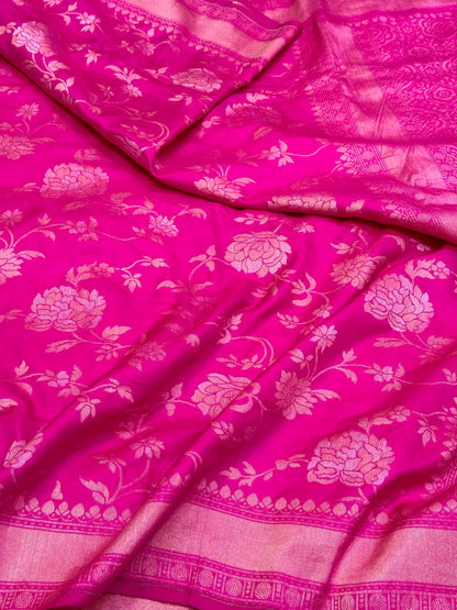 Hot Pink Pure Katan Silk Ektara Weave Handwoven Banarasi Saree |Tanchoi|