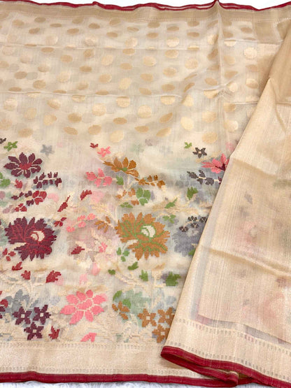 Ivory Pure Kora Organza Silk Handwoven Banarasi Saree |Lightweight|