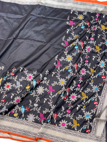Black Pure Mulberry Katan Silk Handloom Banarasi Saree