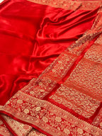 Red Mashru Satin Silk Pure Handwoven Saree