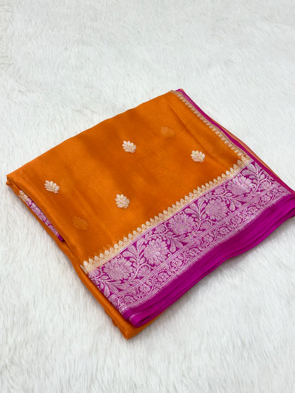 Orange Pure Chiffon Georgette Handwoven Banarasi Saree
