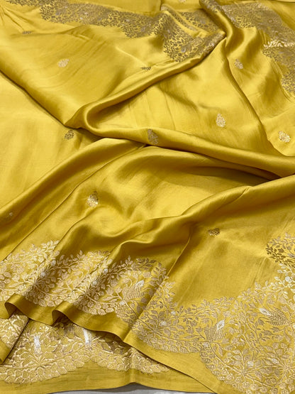 Mustard Yellow Banarasi Saree - Pure Mashru Satin Silk Handwoven Contemporary Banarsi Saree