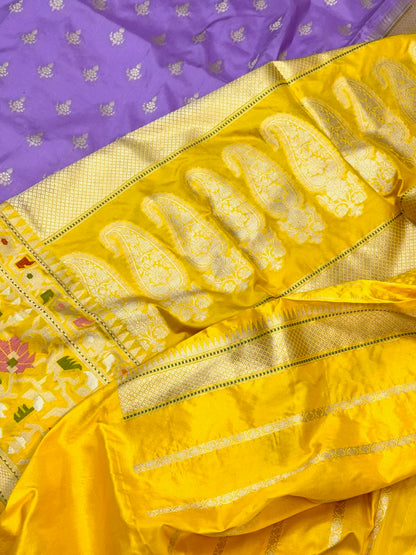Lavender/Yellow Katan Silk Handwoven Saree