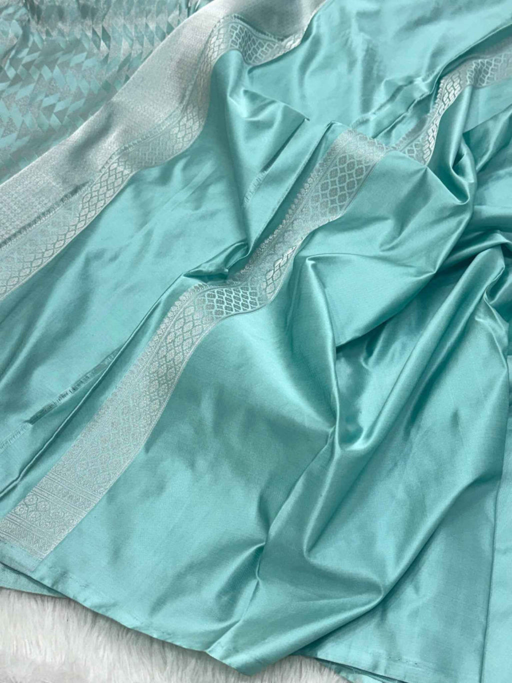 Mint Green Pure Satin Silk Handwoven Soft Drape Banarasi Saree