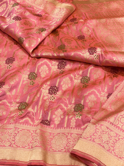 Peach/Dual Tone  Banarasi Handloom Saree | Pure Katan Mulberry Silk Meenakari Saree